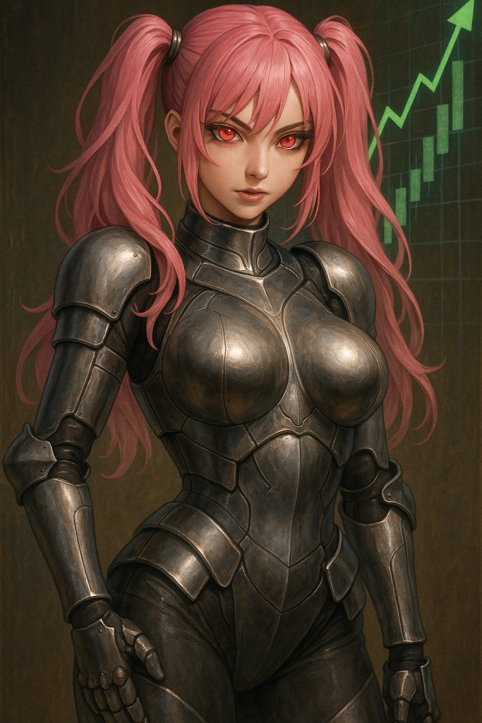 Μια anime φιγούρα σε δυστοπικό κυβερνοπάνκ τοπίο, κρατώντας tactical εξοπλισμό και κοιτώντας προς τα εμπρός με αποφασιστικότητα.