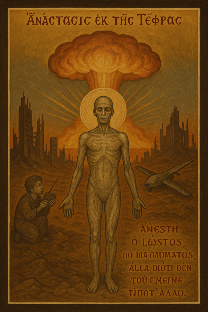 Ψηφιακή εικόνα βυζαντινού ύφους με τίτλο «Ἀνάστασις ἐκ τῆς Τέφρας». Ένα μοναχικό πρόσωπο, δίχως φύλο ή θεϊκό σύμβολο, στέκεται μέσα σε τοπίο πυρηνικής καταστροφής. Τέφρα, συντρίμμια, και ένα παγωμένο μανιταροειδές νέφος στον ουρανό. Φως υπάρχει—αλλά δεν είναι θαύμα. Είναι επιβίωση.
