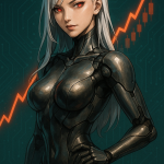 Λευκομάλλη, μεταλλική γυναικεία cyborg με κόκκινα μάτια ποζάρει αισθησιακά· πίσω της ένα ανοδικό πορτοκαλί γράφημα candlestick υποδηλώνει αύξηση αγορών