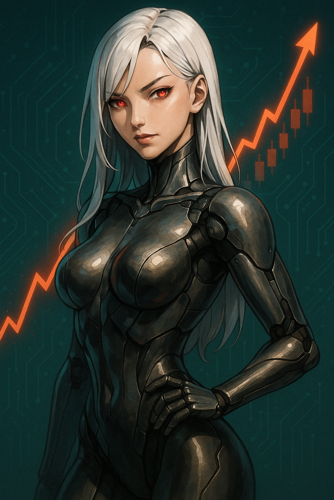 Λευκομάλλη, μεταλλική γυναικεία cyborg με κόκκινα μάτια ποζάρει αισθησιακά· πίσω της ένα ανοδικό πορτοκαλί γράφημα candlestick υποδηλώνει αύξηση αγορών