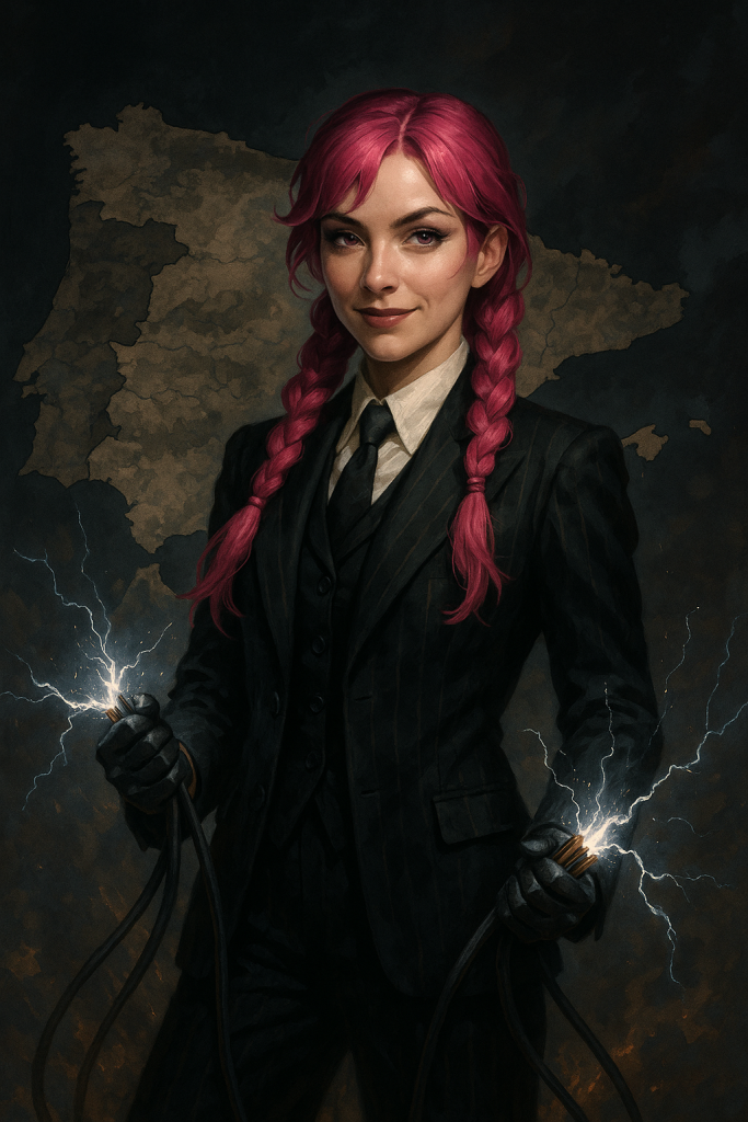 Η Saya, φορά κοστούμι μαφίας του ’30 και στέκεται μπροστά από χάρτη της Ιβηρικής Χερσονήσου. Κρατά δύο ηλεκτροφόρα καλώδια με σπίθες να πετάγονται. Το ύφος της είναι σαρκαστικό, σίγουρο, απειλητικό.