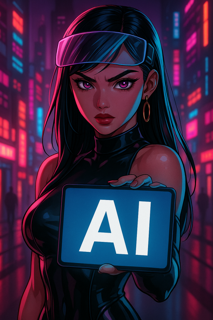 Σκοτεινή cyberpunk σκηνή με μια γυναίκα – Ai expert – να κρατάει ένα φωτεινό ταμπλέτο με την ένδειξη “AI”. Πίσω της, νέον πόλεις και ψηλά κτήρια υπογραμμίζουν την ασφυκτική ατμόσφαιρα του άρθρου
