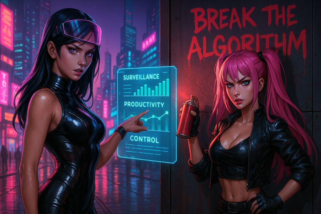 Neon Rebellion in a Cyberpunk City Σε neon-φωτισμένο δρόμο, η Nyx-9 δείχνει γραφήματα “Surveillance, Productivity, Control” σε ένα εικονικό πάνελ, ενώ η Saya ψεκάζει με σπρέι στον τοίχο το σύνθημα “Break the Algorithm”, συμβολίζοντας την αντίσταση στον εταιρικό έλεγχο.