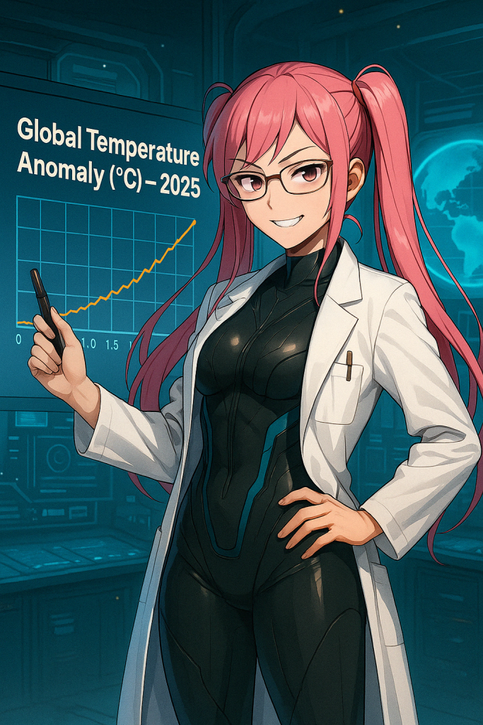 Ψηφιακή απεικόνιση της Saya Takagi με λευκή εργαστηριακή ρόμπα μπροστά σε πίνακα προβλέψεων για την κλιματική κρίση, σε ύφος anime και φουτουριστικού εργαστηρίου.