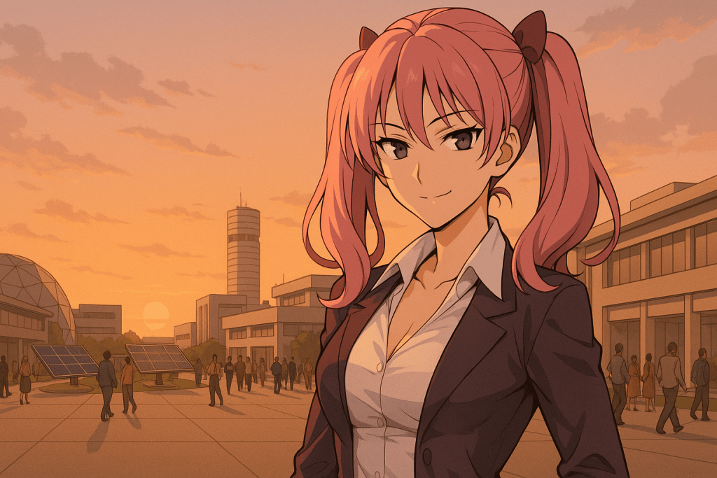 Confident Woman in Futuristic Sunset