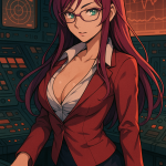 Η Saya Takagi σε ηγετική στάση, με φουτουριστικό στιλ, συμβολίζοντας την κυβερνητική διαφάνεια σε ένα post-capitalist πλαίσιο.