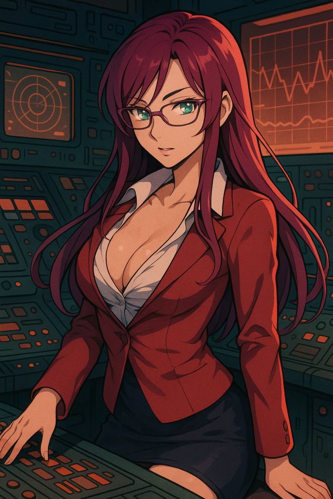 Η Saya Takagi σε ηγετική στάση, με φουτουριστικό στιλ, συμβολίζοντας την κυβερνητική διαφάνεια σε ένα post-capitalist πλαίσιο.