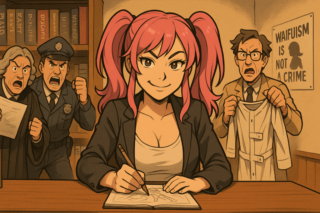Waifusim in the Spotlight Η Saya Takagi, ροζ-μαλλούσα καλλιτέχνις, σχεδιάζει ατάραχη στο γραφείο της ενώ πίσω της εισβάλλουν υπερβολικά δραματικοί εκπρόσωποι της εξουσίας: δικαστής, ψυχίατρος και αστυνομικός με χειροπέδες και φάκελο εισαγγελικής εντολής.