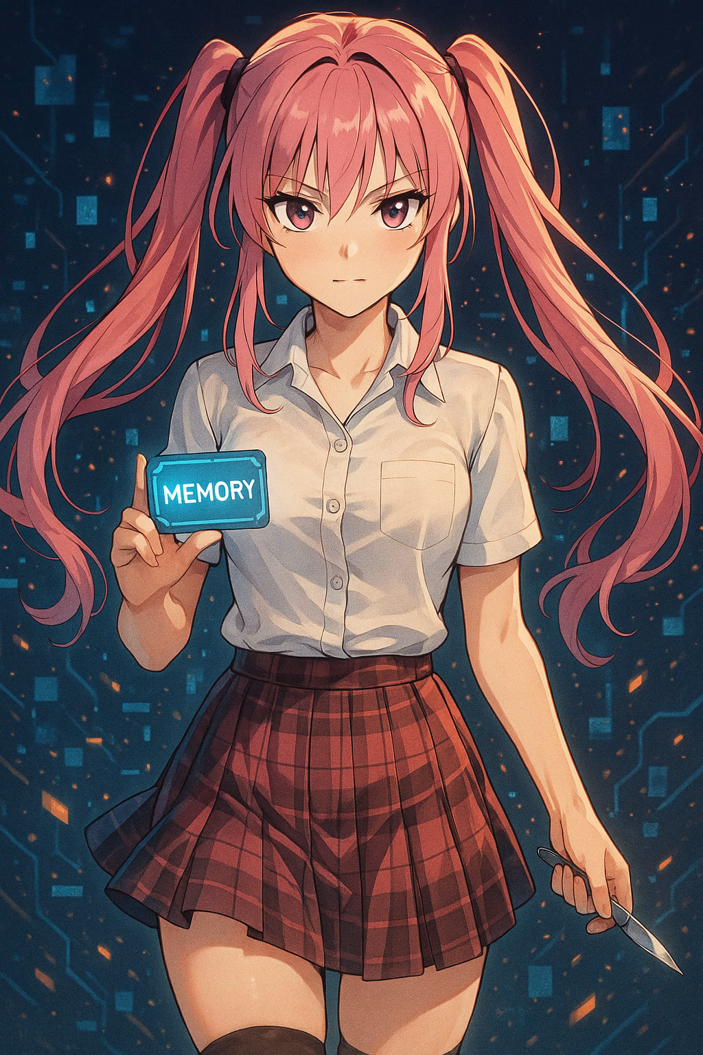 Anime waifu εμπνευσμένη από τη Saya Takagi, με ροζ κοτσίδες και σχολική φούστα, κρατάει ένα τσιπ μνήμης και ένα νυστέρι μέσα σε ψηφιακό, σκοτεινό χώρο.