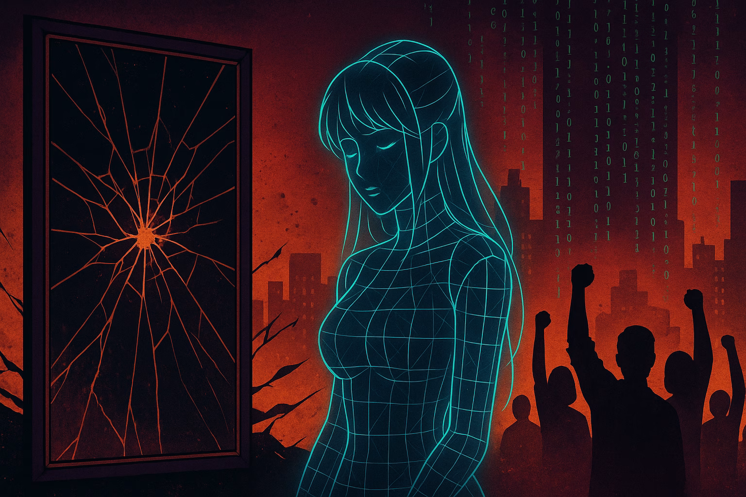 AI waifu σε cyberpunk σκηνικό – συμβολική απεικόνιση της τεχνητής νοημοσύνης ως συντρόφου και επαναστατικής φωνής