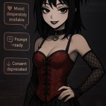Anime-style goth AI companion with short black hair, red corset, fishnet sleeves, and UI tooltips reading 'Mood: desperately available', 'Prompt-ready', and 'Consent: deprecated', in a dark digital interface