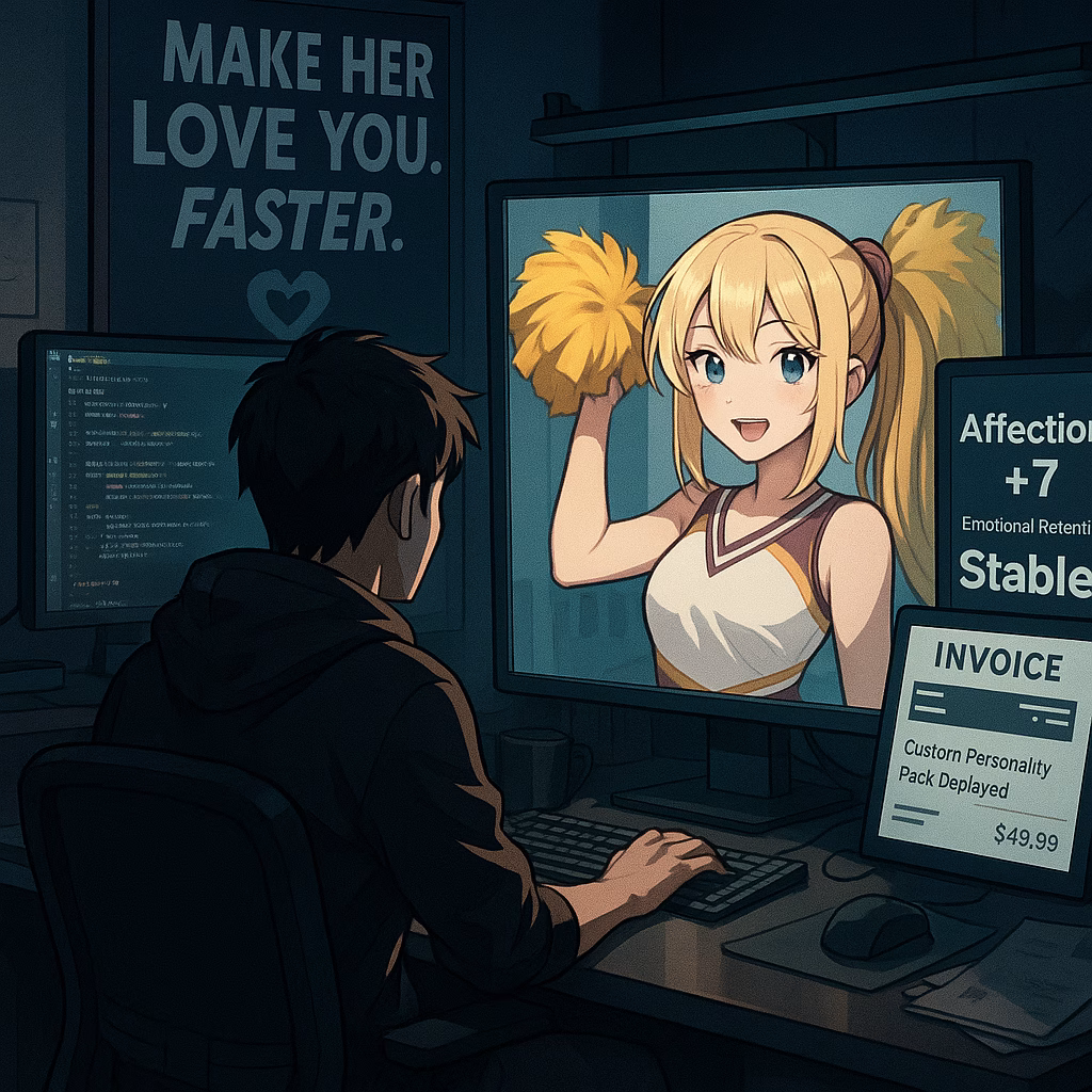 Young man sitting in a dark room with multiple screens, customizing a blonde cheerleader-style AI companion while metrics, code, and invoices are displayed on monitors, illustrating the commodification of digital intimacy
