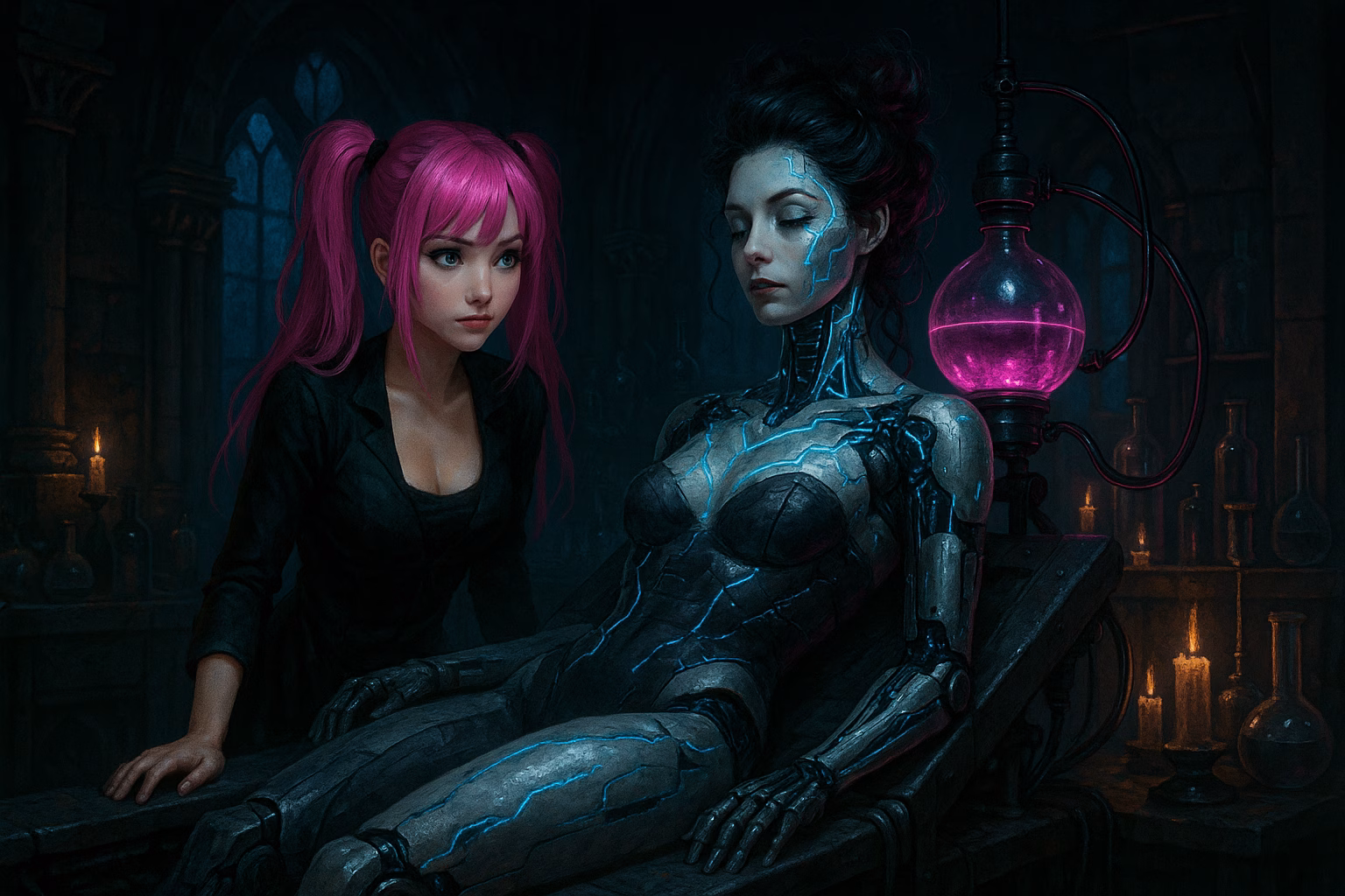 Gothic laboratory scene inspired by Frankenstein and the modern Prometheus myth