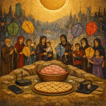 Cyberpunk βυζαντινή εικόνα Καθαράς Δευτέρας με χαρταετούς κυκλώματα