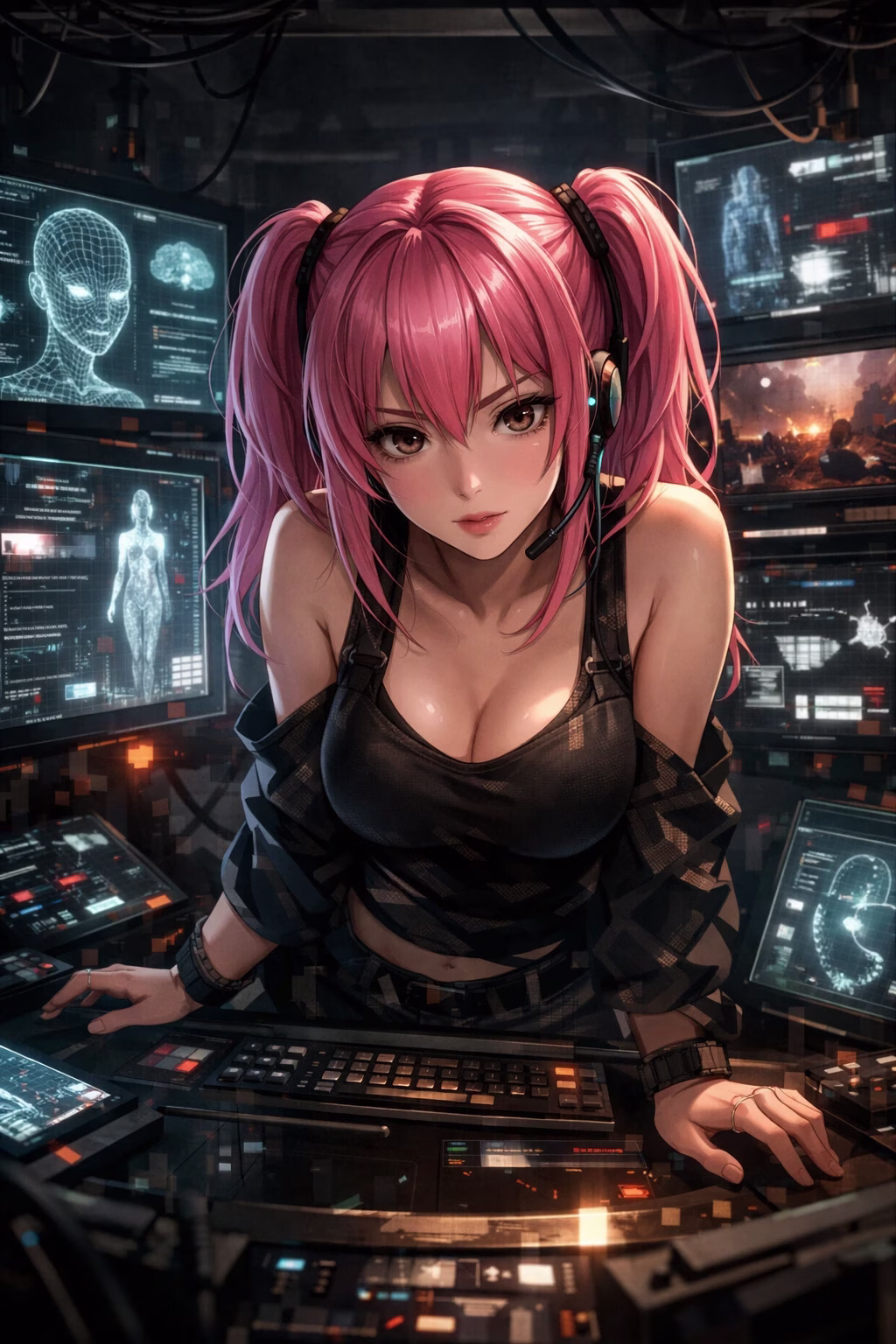 AI digital companion waifu cyberpunk control room system identity interface